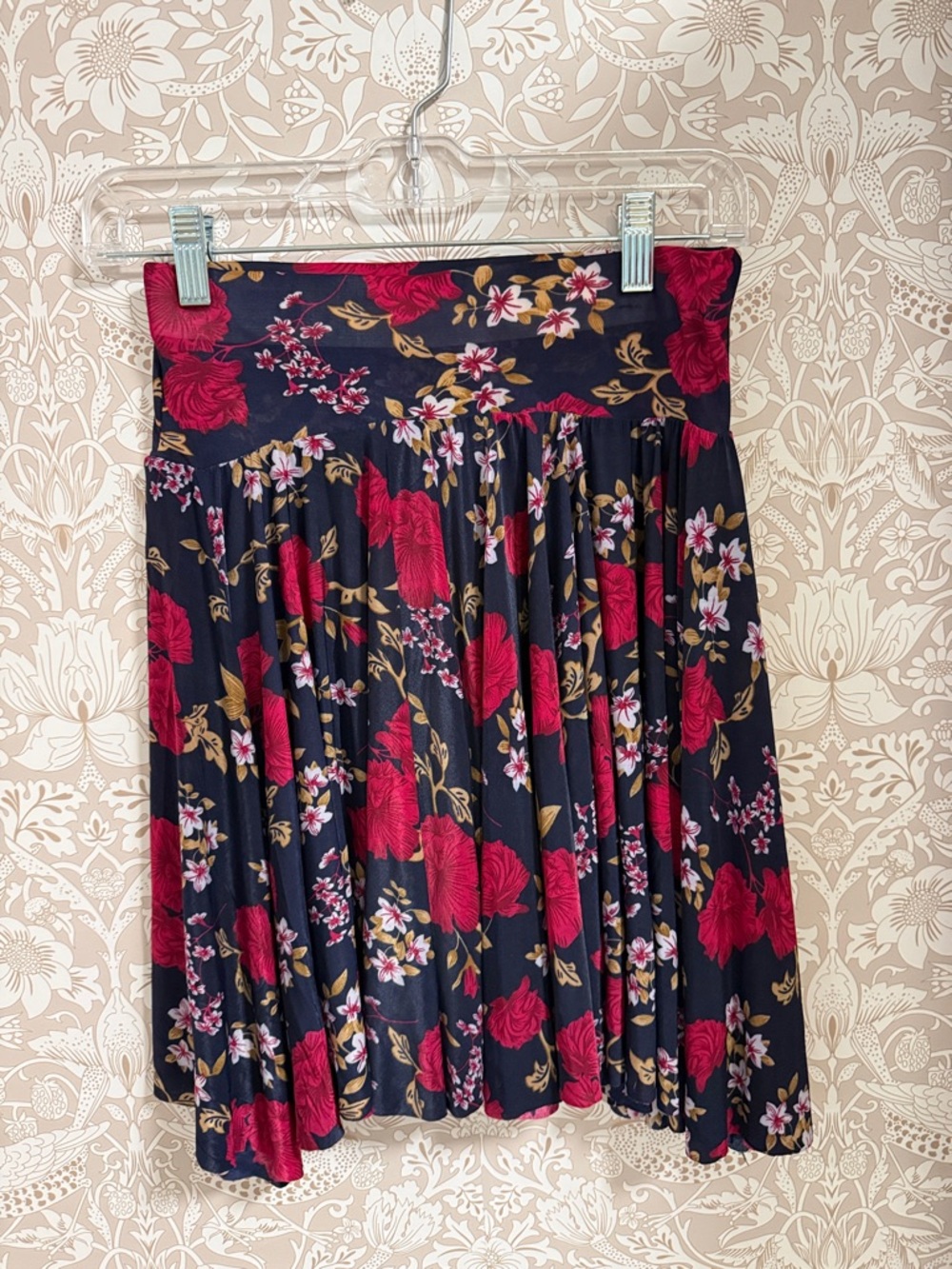Floral Pleated Navy and Red Midi Skirt